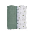 Two swaddle blankets, one green and one with rabbit and leaf pattern, on a white background