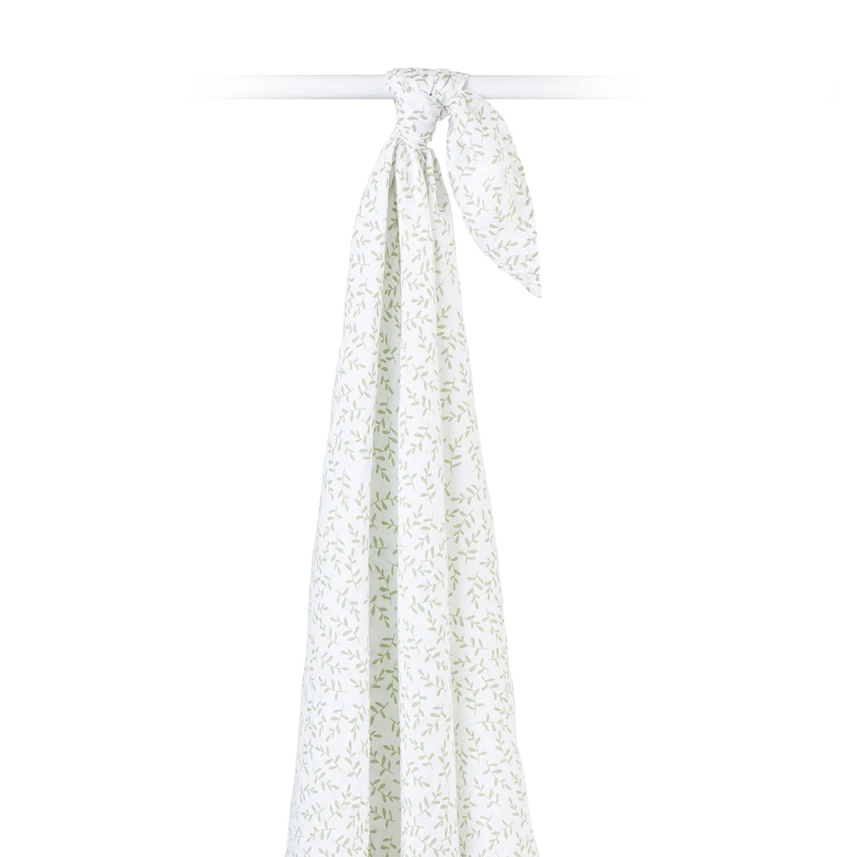 Hanging white cotton muslin baby swaddle with green leaf pattern