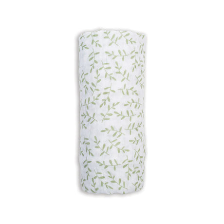 Greenery patterned muslin swaddle on a white background