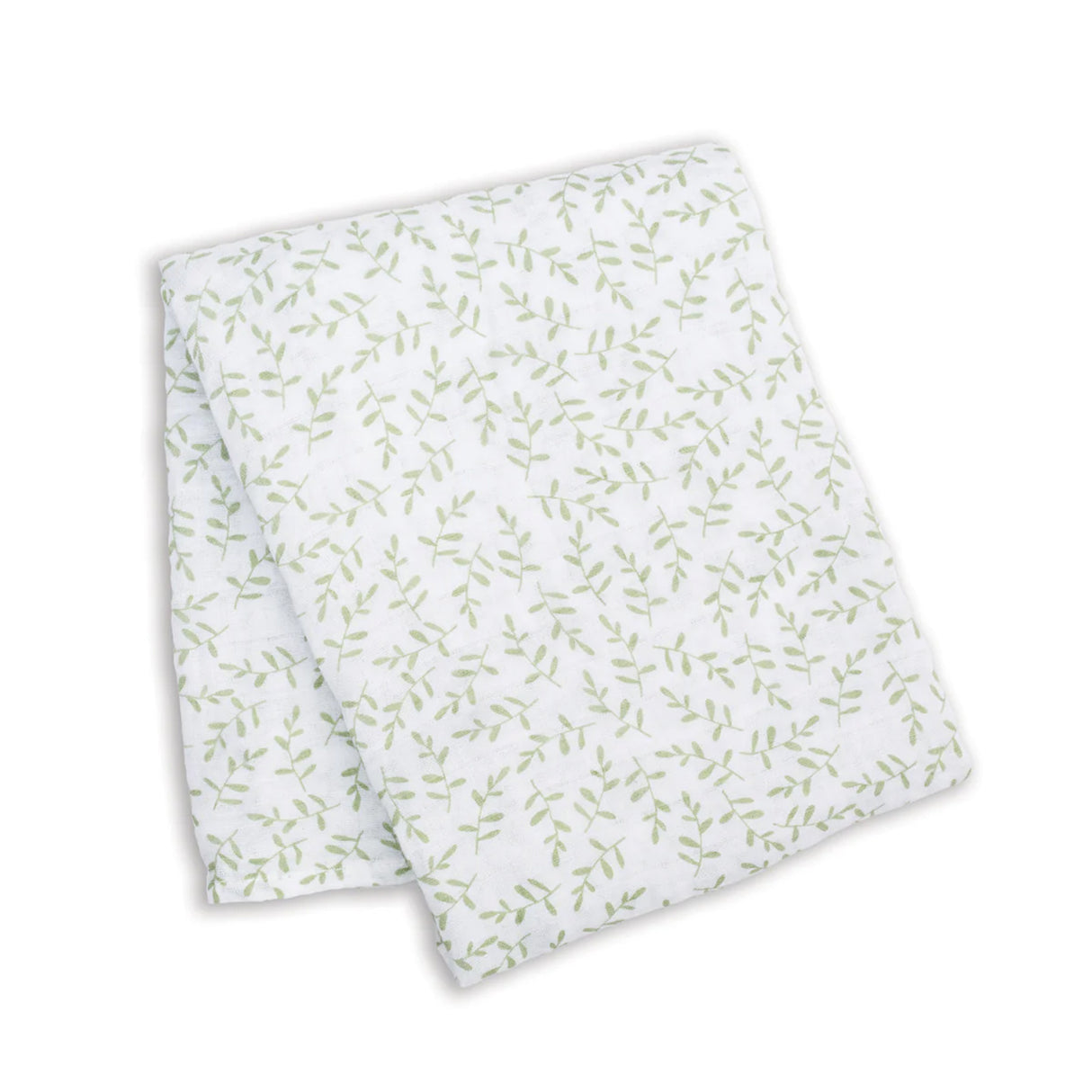White fabric with green leaf pattern on a white background