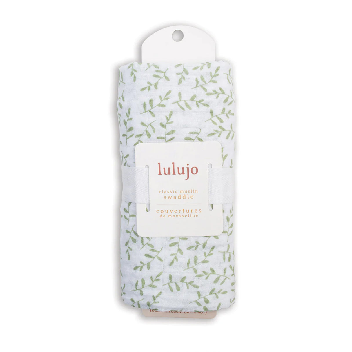 Packaged luLujo swaddle with leaf pattern on a white background