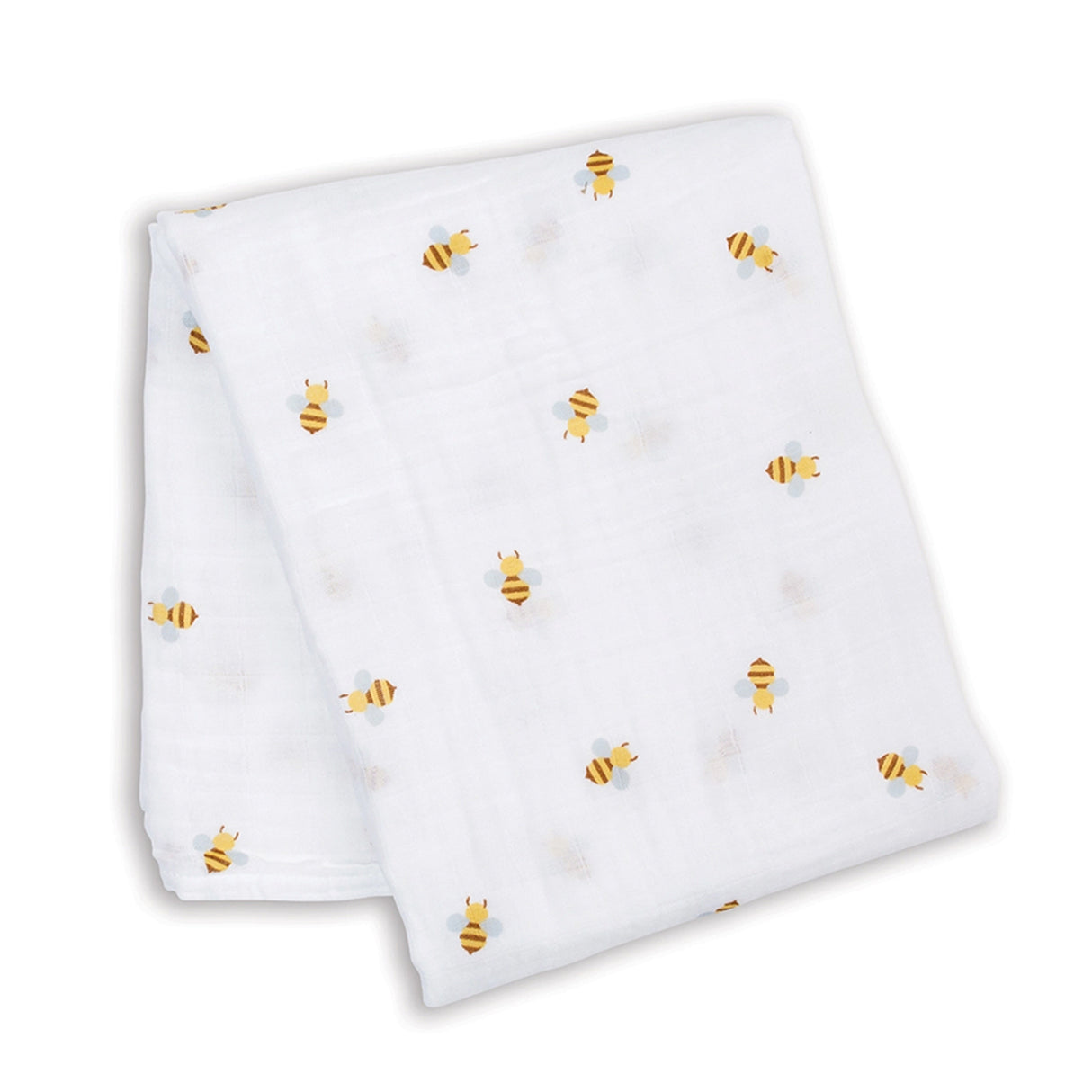 White muslin fabric swaddle with small bee patterns on a white background