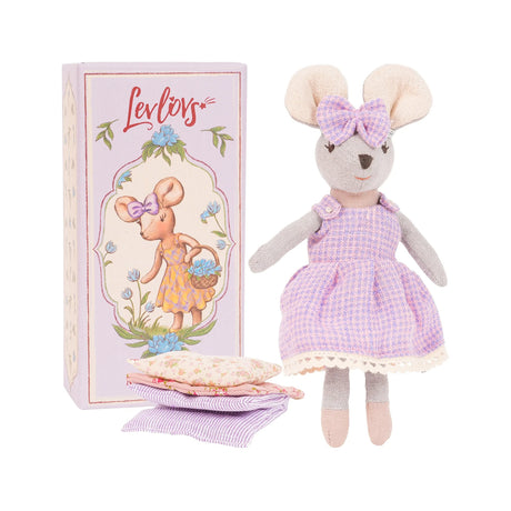 Toy mouse in a purple dress with a box featuring the brand 'Levlovs'.