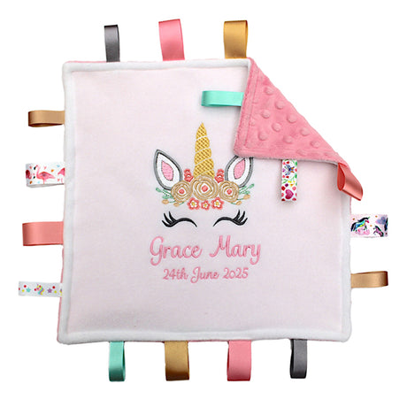 Baby taggy comfort blanket with unicorn design and personalised baby name