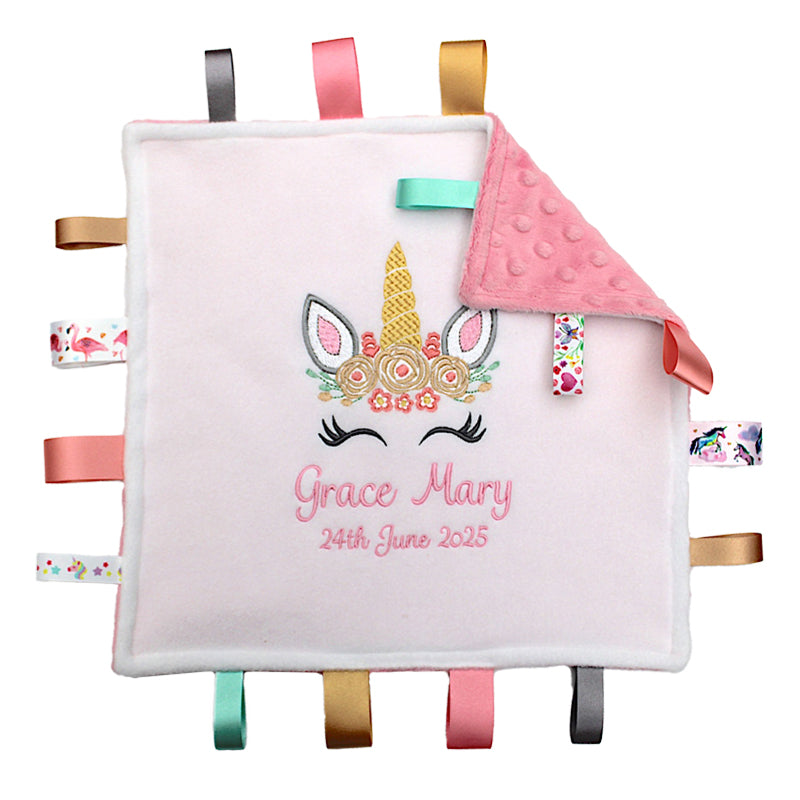 Baby comfort blanket with unicorn design and personalised baby name
