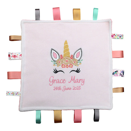 Baby taggy comfort blanket with unicorn design and personalised baby name