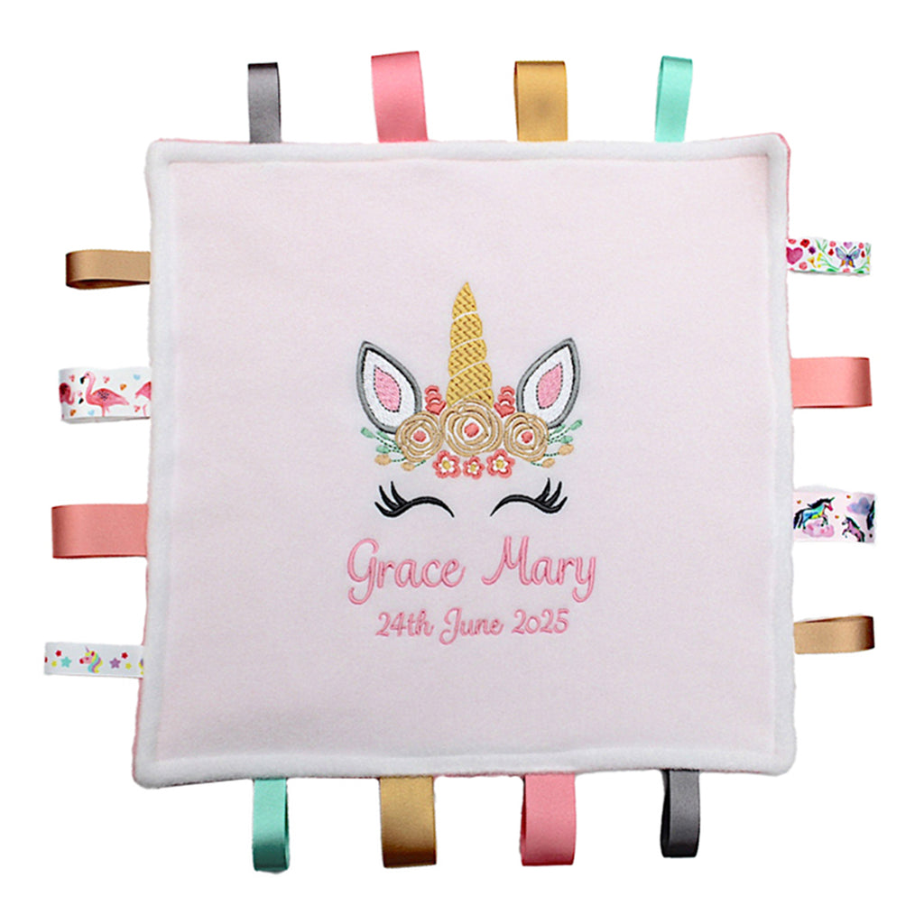 Baby taggy comfort blanket with unicorn design and personalised baby name