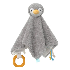 A gray penguin-shaped security blanket with a textured plush body, featuring a yellow beak, white face, and a yellow teething ring toy attached on one corner.