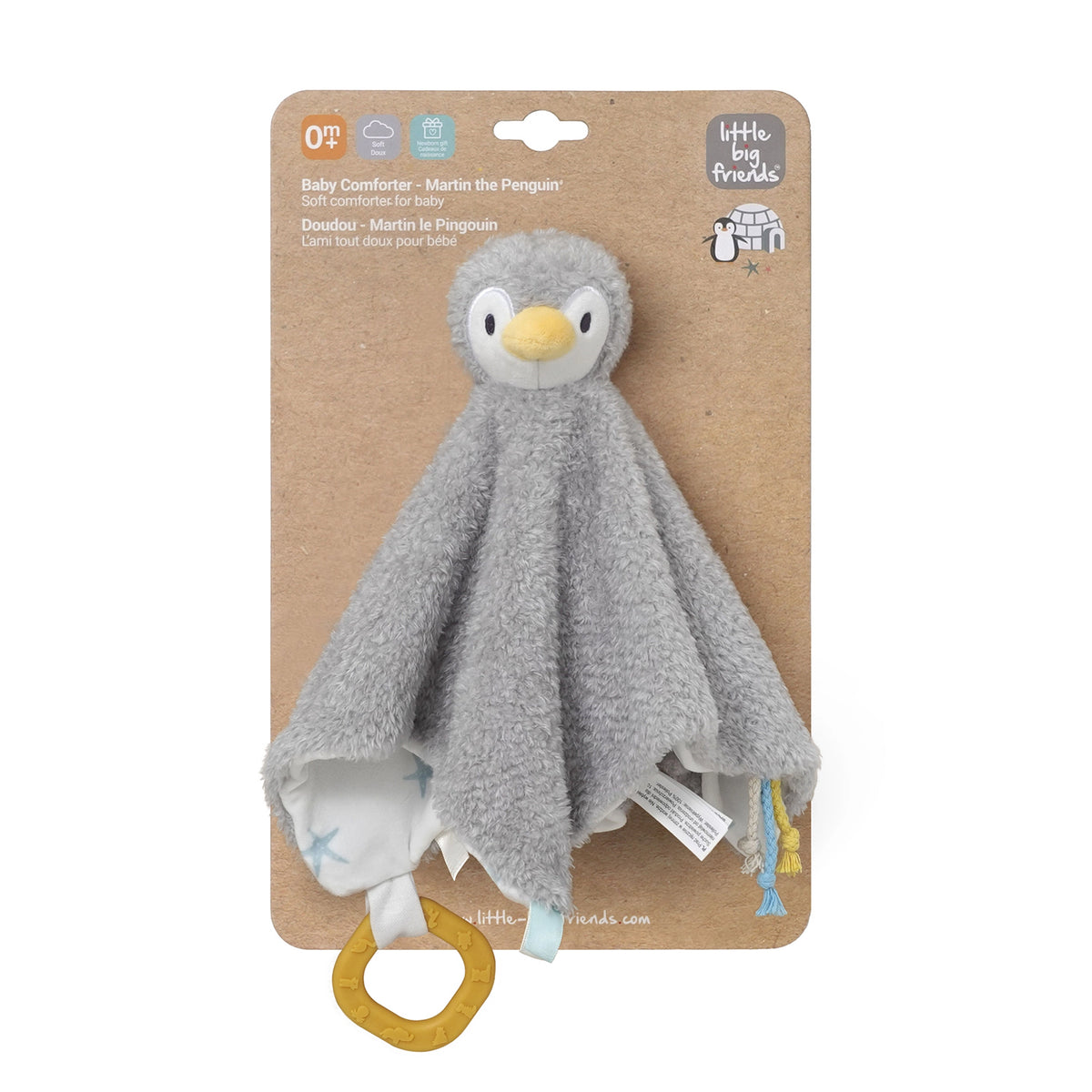 A Little Big Friends baby comforter featuring a soft grey penguin plush with a yellow beak, attached to a textured grey fabric comforter with a yellow ring, on its original kraft card packaging.