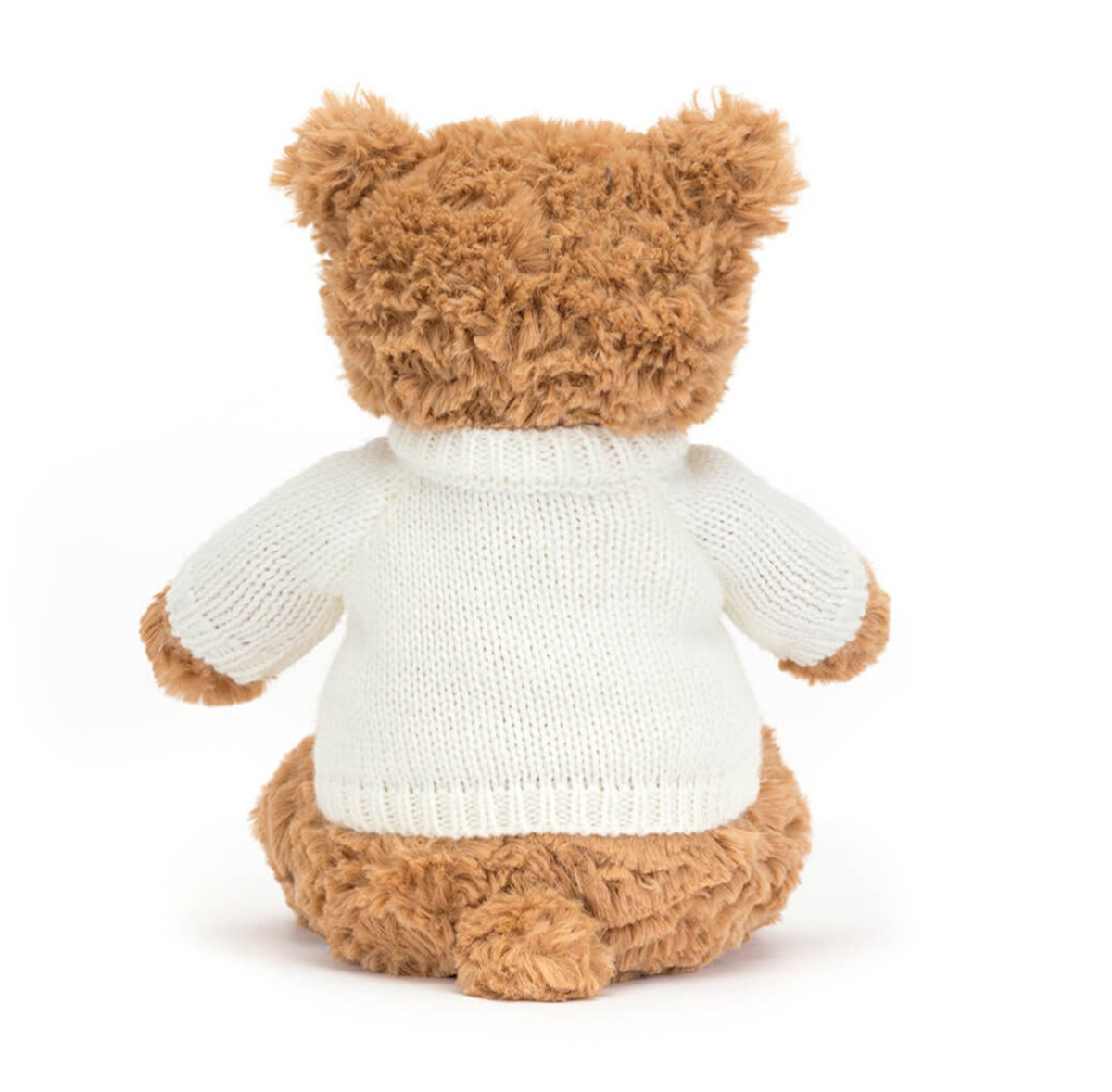 A beige Jellycat Bartholomew Bear with a personalised jumper