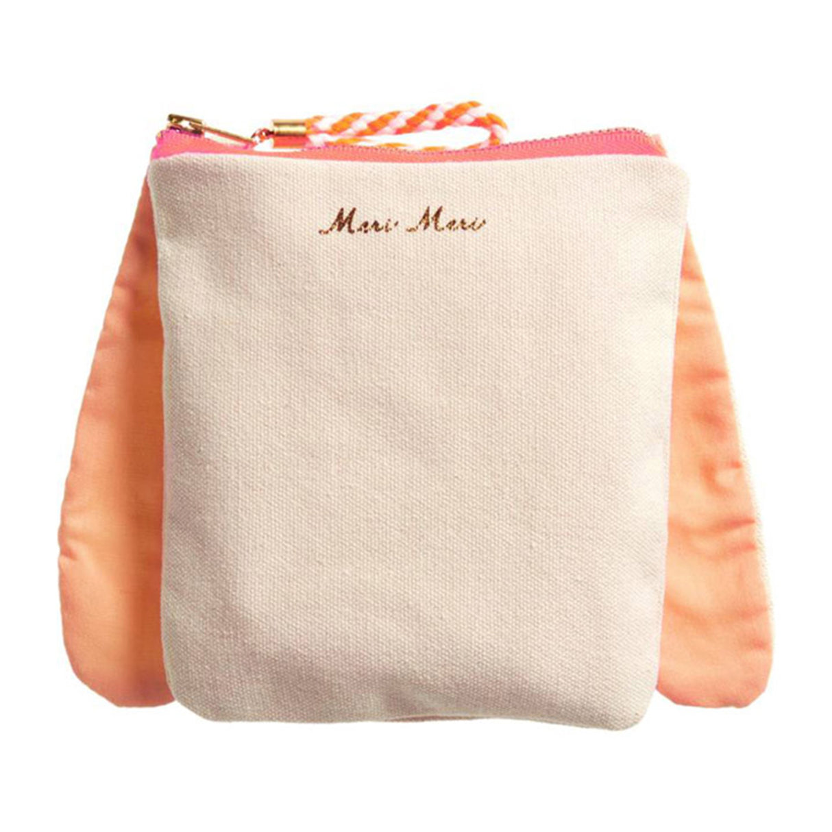 Rear view of a Meri Meri Bunny Pouch with long ears and Meri Meri printed small on the back