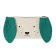 A childrens canvas money pouch with puppy stiched face and green hanging ears