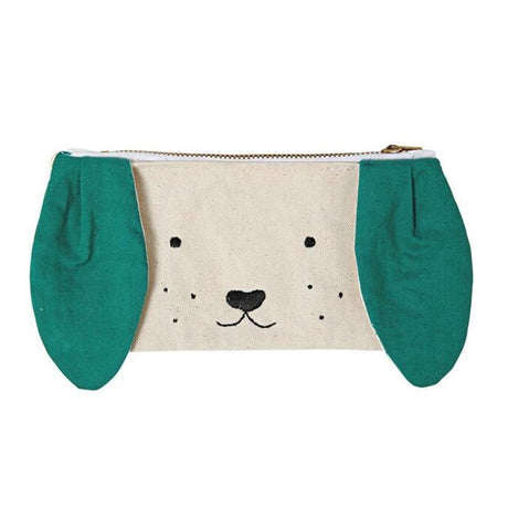 A childrens canvas money pouch with puppy stiched face and green hanging ears