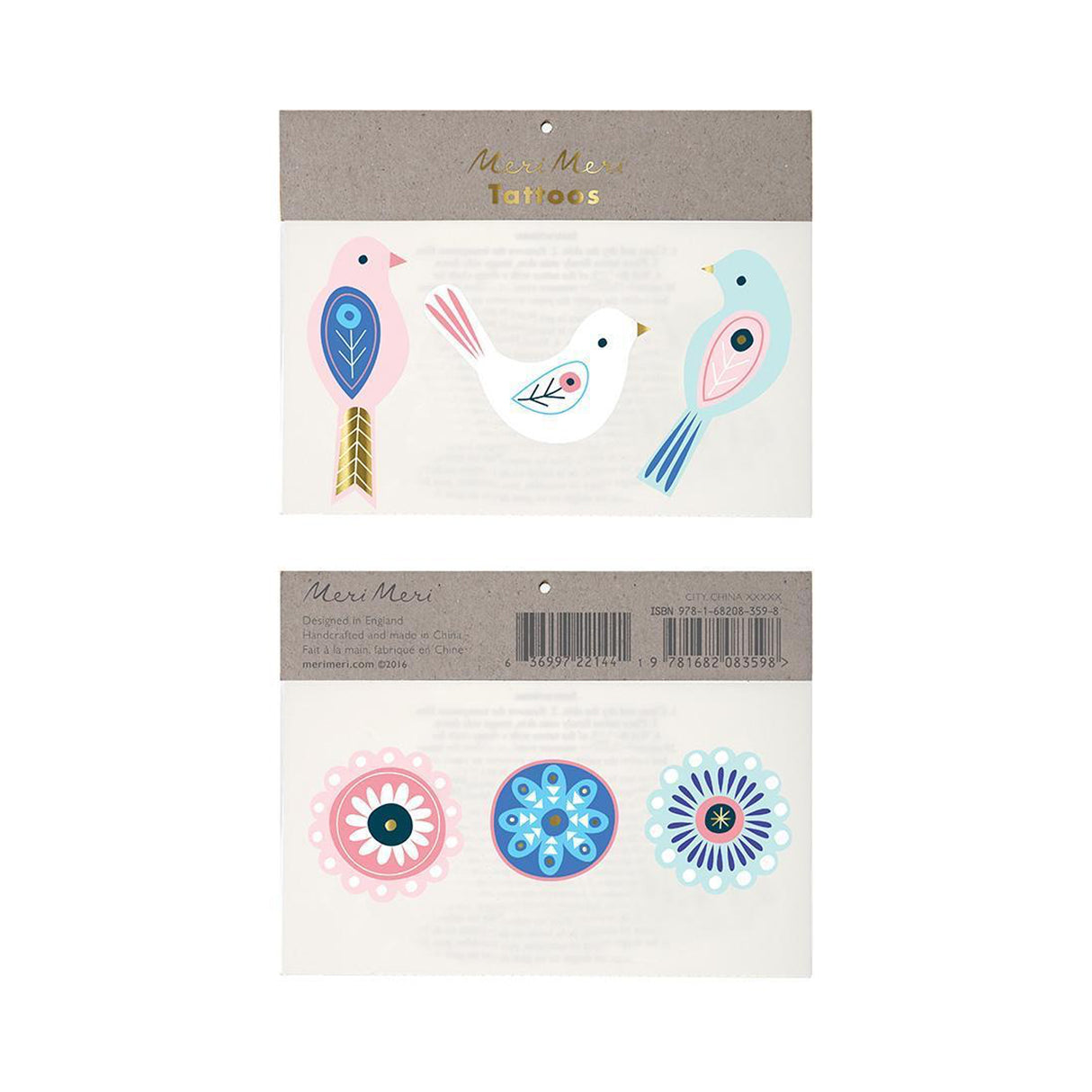 Packaged tattoos with bird designs and circle patterns on a white background