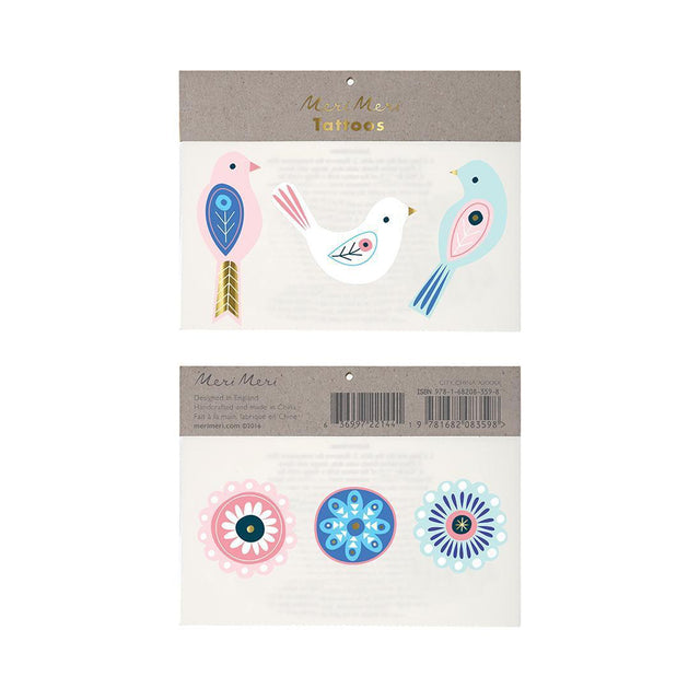 Packaged tattoos with bird designs and circle patterns on a white background