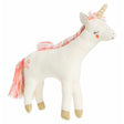 Meri Meri white unicorn soft toy with flowing pink yarn mane and tail, gold hooves and horn, side view on white background