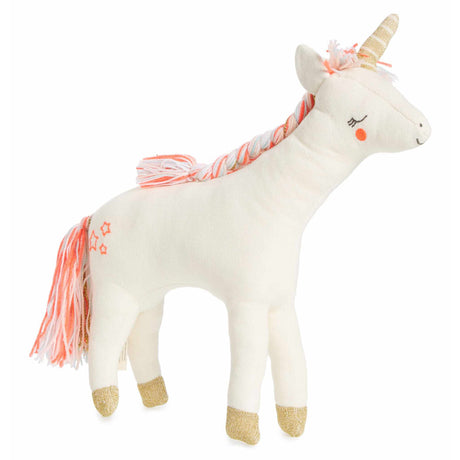Meri Meri white unicorn soft toy with flowing pink yarn mane and tail, gold hooves and horn, side view on white background