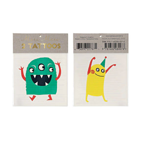 Two packages of monster-themed tattoos with colorful designs on a white background.