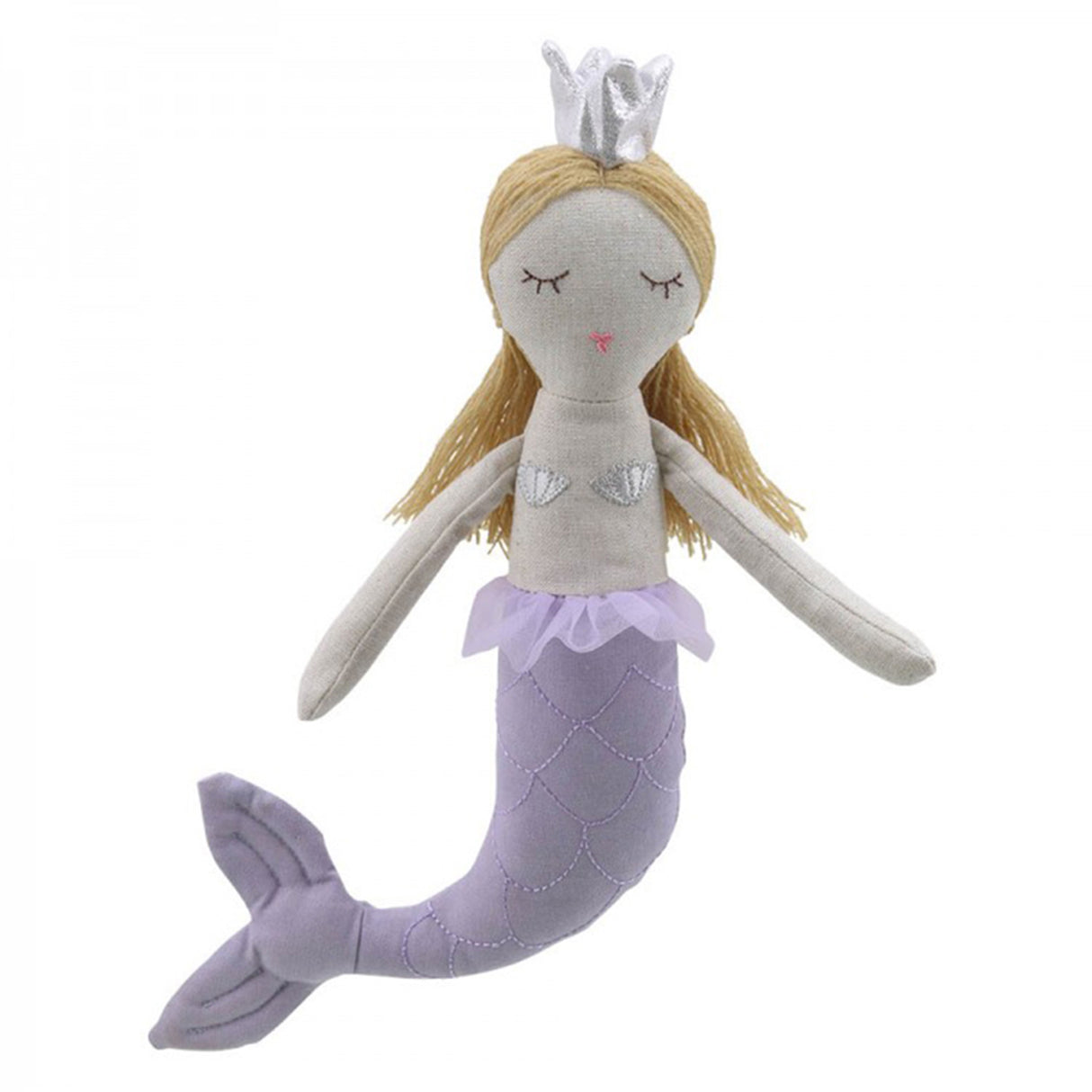 A mermaid doll with blonde hair and a sparkly crown, with a purple tail and silver shell bra 