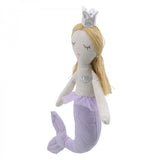 Mermaid doll with a crown and purple tail on a white background