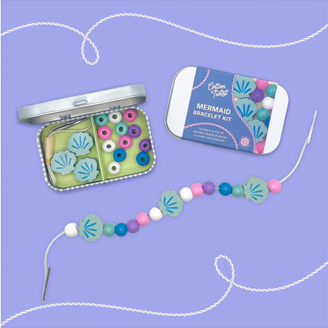 Cotton Twist Mermaid bracelet kids craft  kit with beads and packaging on a purple background