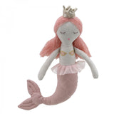 Stuffed mermaid toy with pink hair and pink tail on a white background