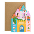 Mifkins Fairytale Castle shaped children's birthday card with kraft envelope, featuring a dragon, knights, princess and Happy Birthday text, on a white background