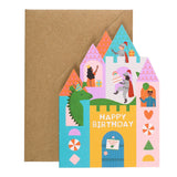 Mifkins Fairytale Castle shaped children's birthday card with kraft envelope, featuring a dragon, knights, princess and Happy Birthday text, on a white background