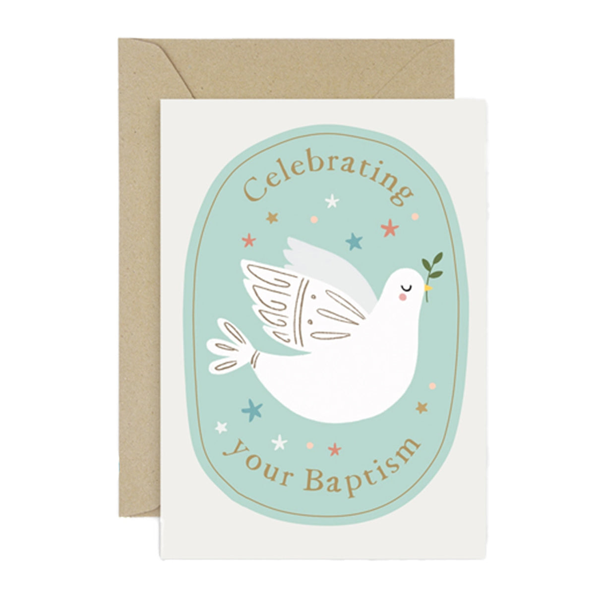Greeting card with a dove illustration and text 'Celebrating your Baptism' on a white background.