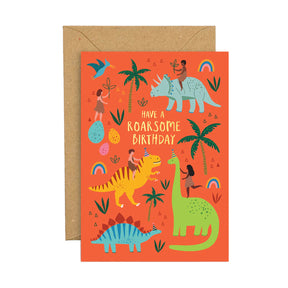 Birthday card with colourful dinosaurs and 'Have a Roarsome Birthday' text on an orange background.