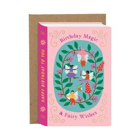 Greeting card with fairy design and 'Birthday Magic & Fairy Wishes' text on a pink background