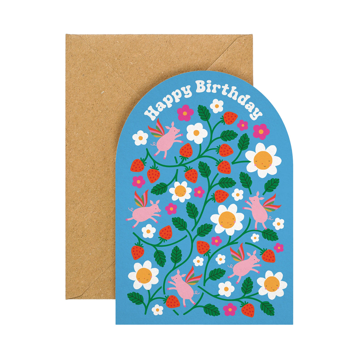 Birthday card with floral design, strawberries, pigs and 'Happy Birthday' text, featuring a brown envelope.
