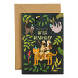 Greeting card with cartoon animals and 'Hope you have a wild birthday' text, featuring a brown envelope.