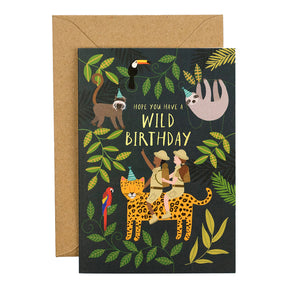 Greeting card with cartoon animals and 'Hope you have a wild birthday' text, featuring a brown envelope.