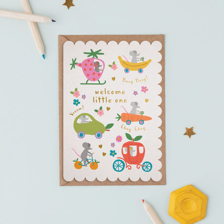 New baby greetings card with colourful illustrations of mice in and on vehicles and text on a light blue background