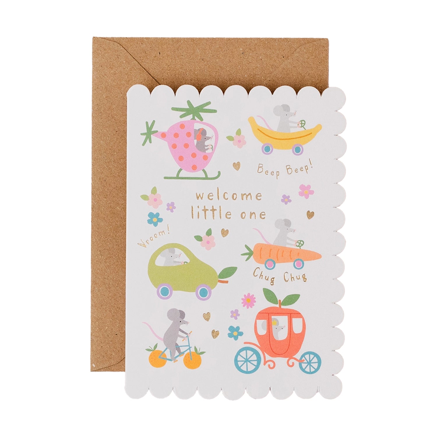 Greetings card with Welcome little one and illustations of mice in vehicles 