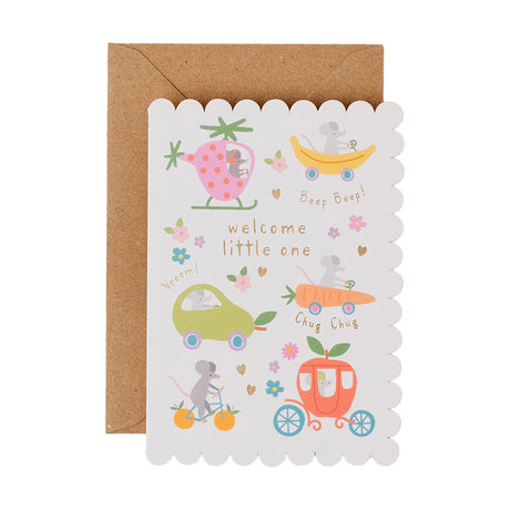 Greetings card with Welcome little one and illustations of mice in vehicles 