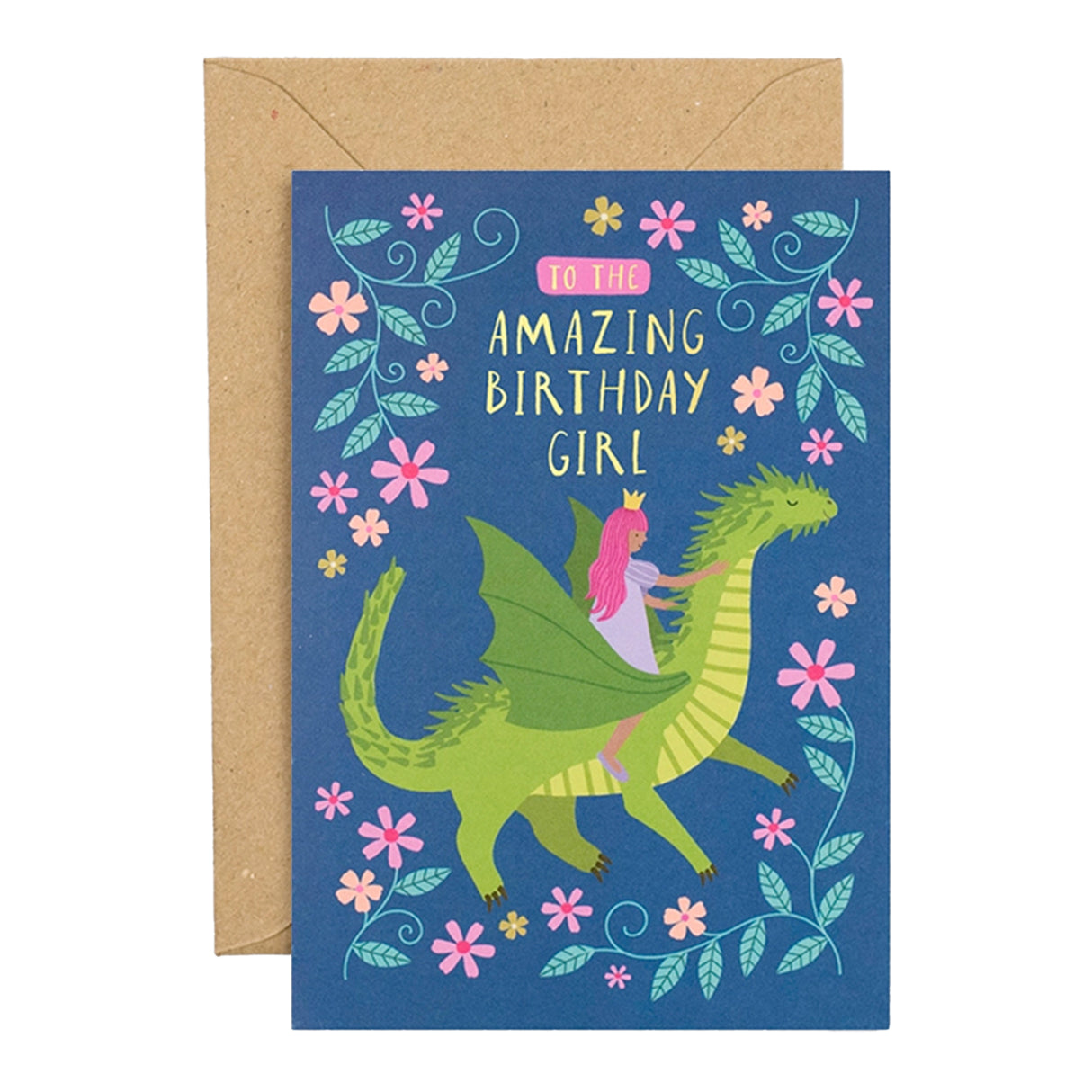 A birthday card with a kraft envelope, illustration of a green dragon and a princess riding it, surrounded by pink flowers and blue leaves on a dark blue background.