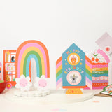 Mifkins Rainbow Blossom Birthday Card shown alongside other Mifkins die-cut cards