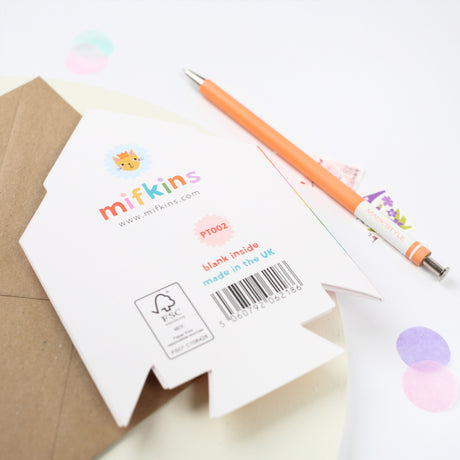Card with mifkins branding, envelope, and pen on a light background