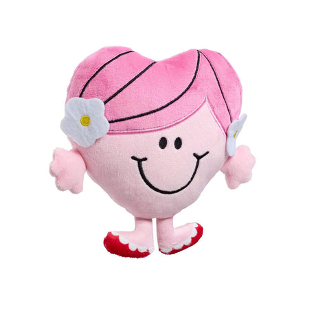 Rainbow Designs Little Miss Hug soft plush toy on white background - showing pink heart-shaped character with white daisy hair clips and red shoes

