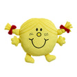 Little miss sunshine yellow soft toy with a smiley face and red bows on a white background
