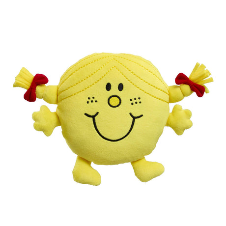 Little miss sunshine yellow soft toy with a smiley face and red bows on a white background