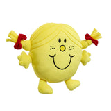 Little miss sunshine yellow soft toy with a smiley face and red bows on a white background