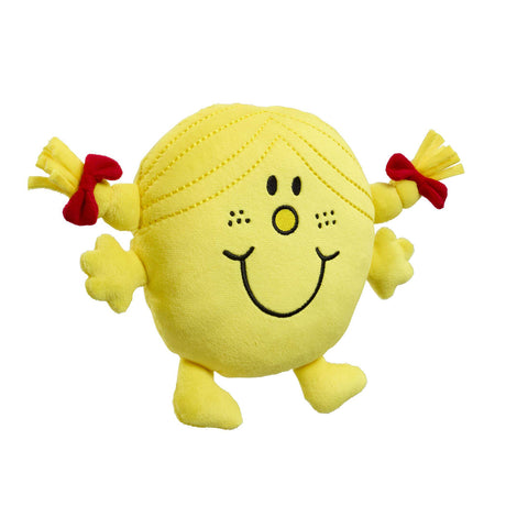 Little miss sunshine yellow soft toy with a smiley face and red bows on a white background