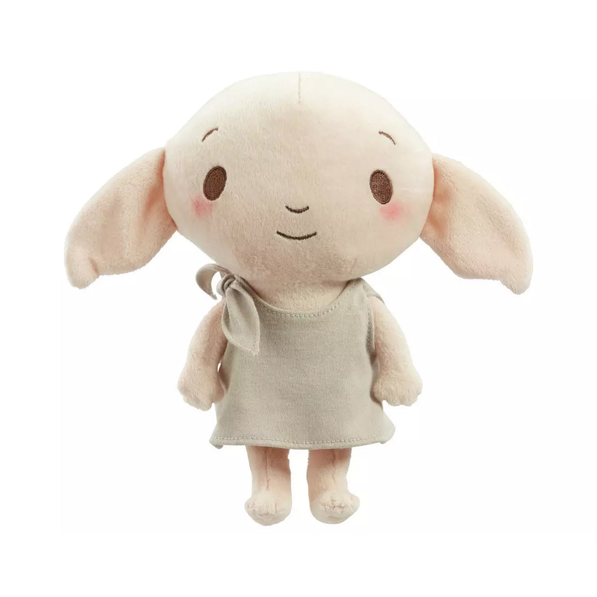 Plush soft toy Dobby character from Harry Potter. Big ears and a smiling face wearing his pillowcase
