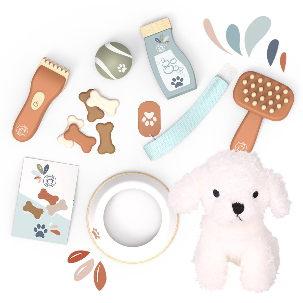 Collection of pet care products including a plush dog toy, grooming tools, and accessories on a white background.