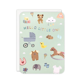 Baby-themed new baby greetings card with illustrations and text on a light green background