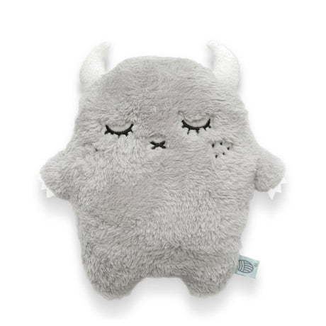Grey plush toy with white horns and claws on a white background