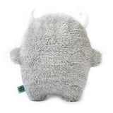 Grey plush toy with white horns and claws on a white background